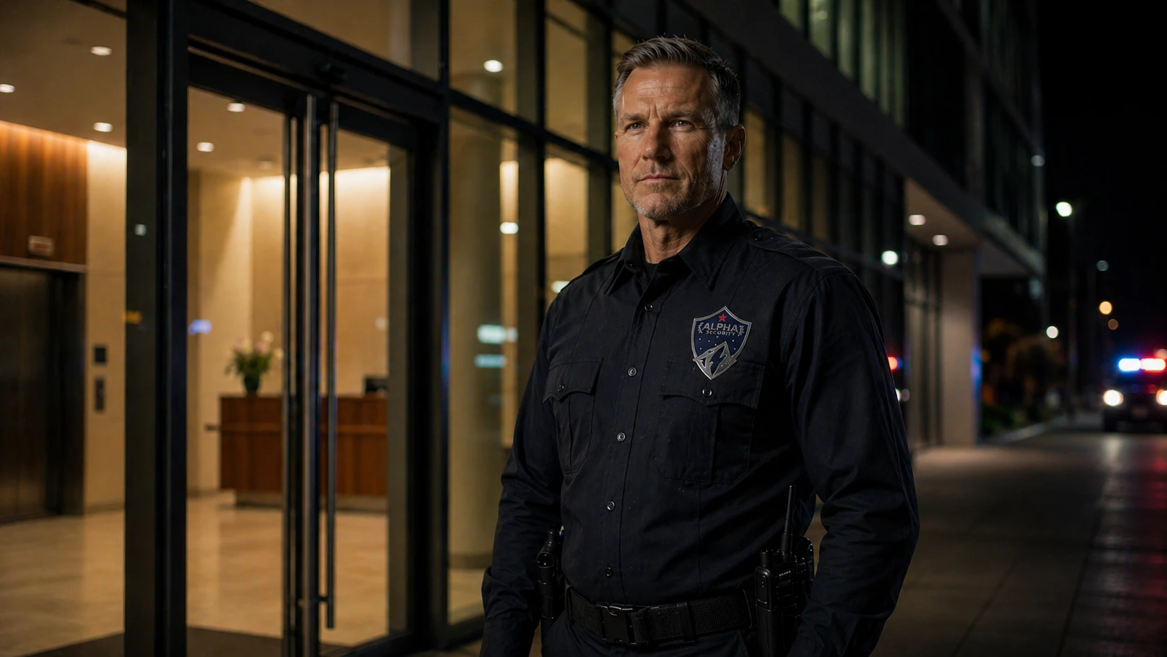 Licensed security guard at commercial entrance
