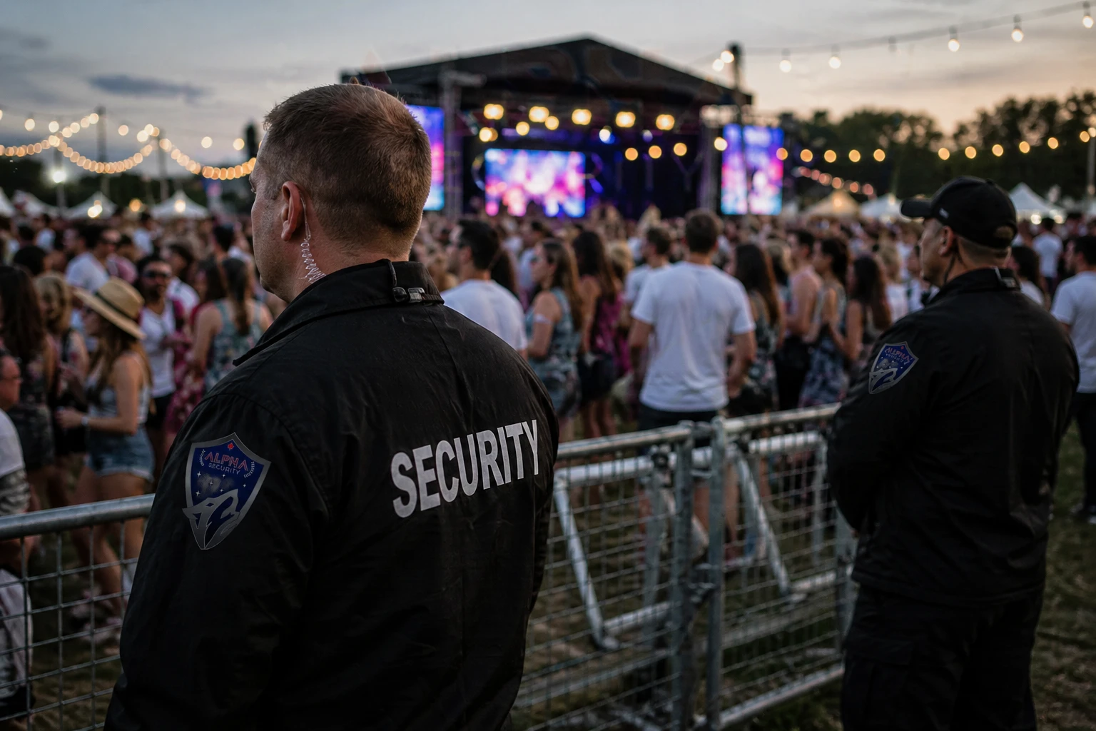 Alpha Security guards managing crowd control at a festival barrier